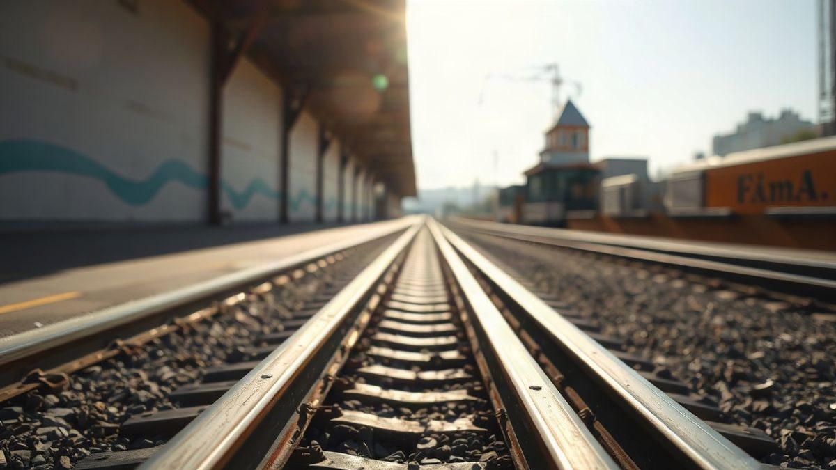 Illustrative image: curved railway track at sunset with metal rails in the foreground and a blurred platform in the background