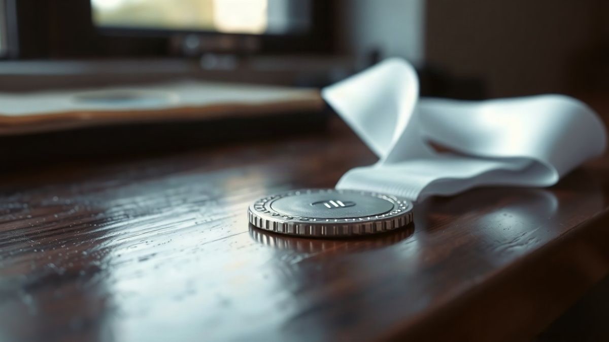 Imagen ilustrativa: detalle de una medalla de plata con cinta blanca sobre una superficie de madera oscura