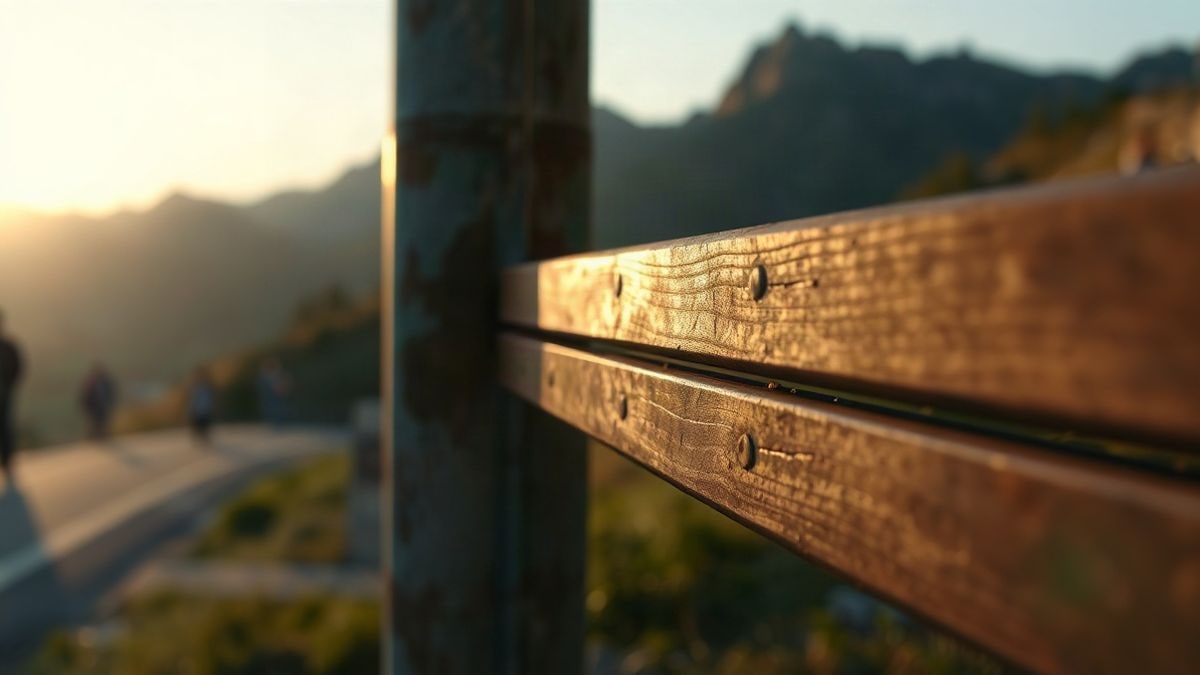 Imagen ilustrativa: detalle de un poste metálico y una banca de madera de una parada de autobús en un paisaje de montaña al atardecer