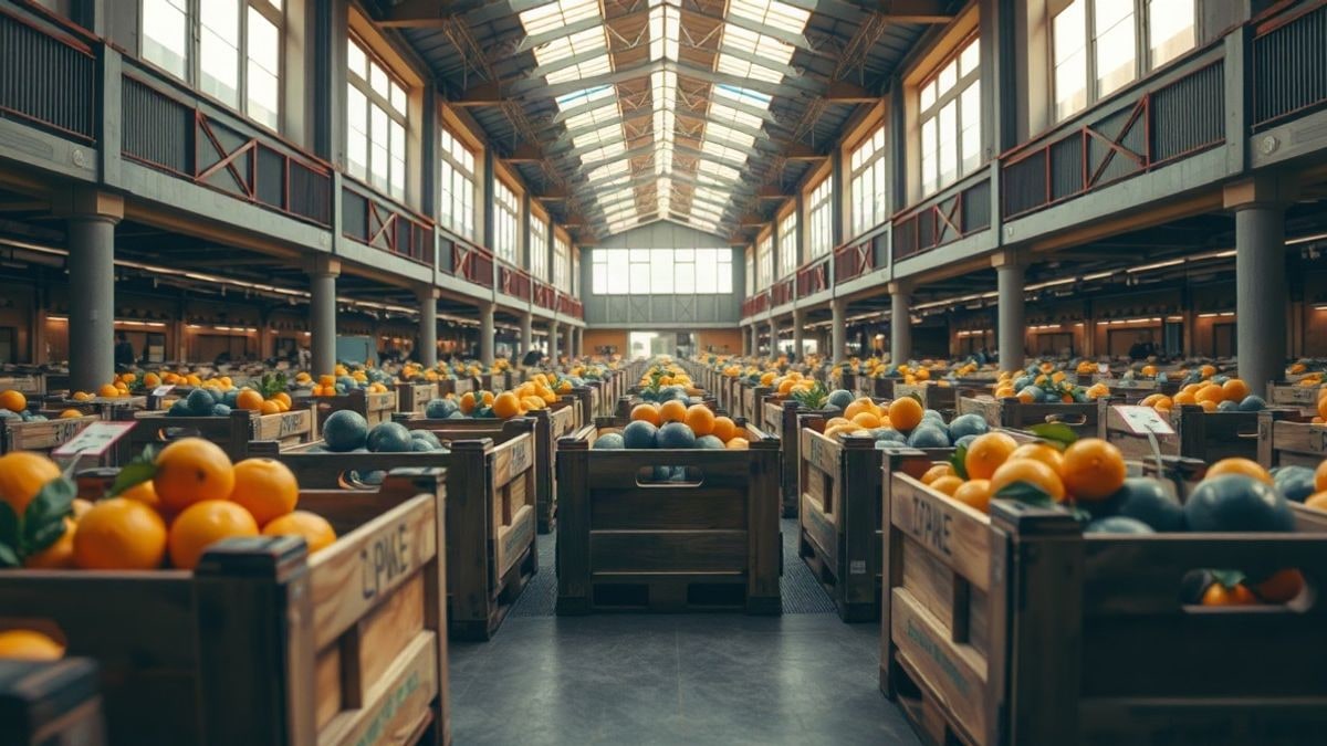 Imagen ilustrativa: interior de un pabellón ferial con líneas convergentes y cajas de cítricos y hortalizas