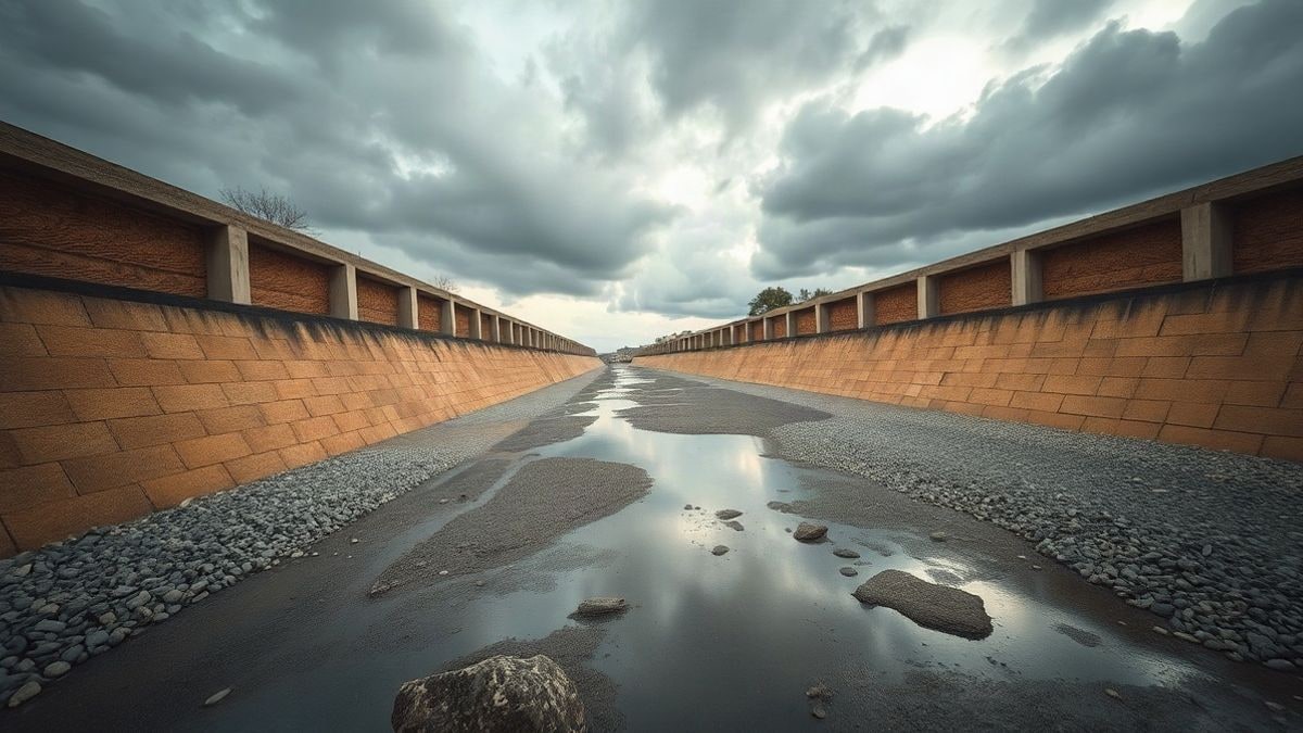 Illustrative image: stream bed with stone walls and dark storm clouds at sunset
