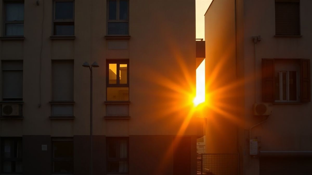 Imagen ilustrativa: fachada de un edificio de viviendas al atardecer con sombras alargadas