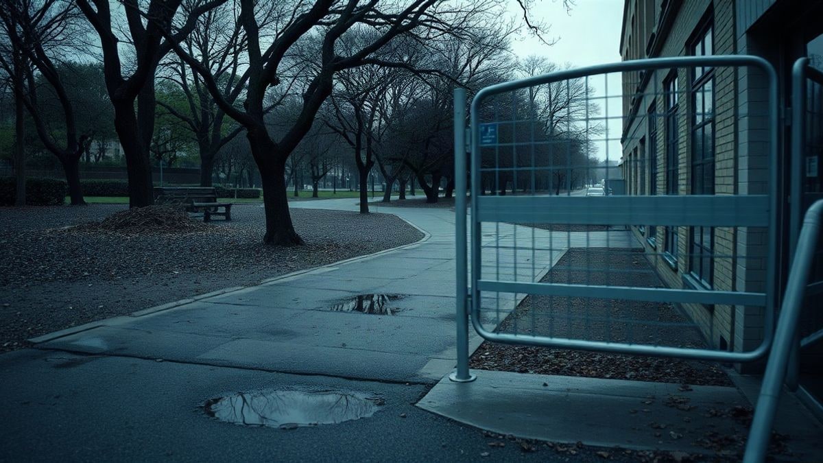 Imagen ilustrativa: parque urbano con ramas caídas y charcos tras un temporal, con la puerta de acceso cerrada