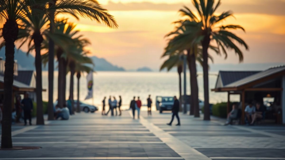 Imagen ilustrativa: paseo marítimo concurrido al atardecer con palmeras y el mar al fondo