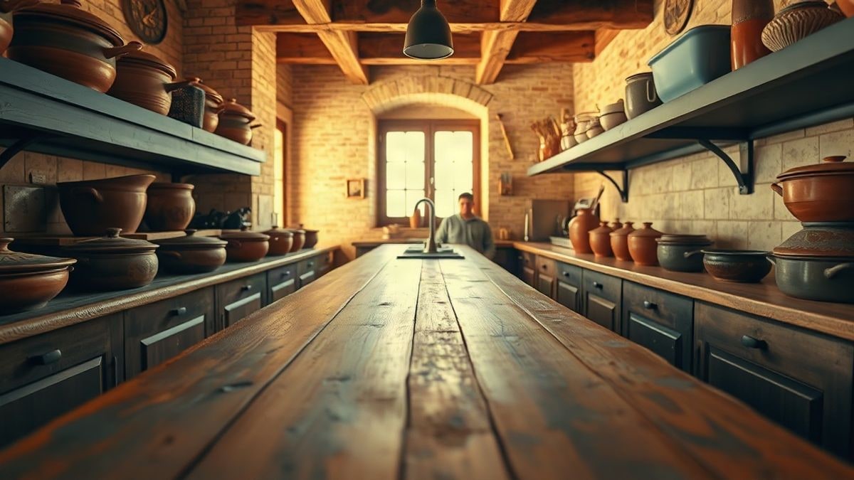 Imagen ilustrativa: barra de madera de una taberna tradicional vacía, con ollas de barro y cacerolas de cobre al fondo