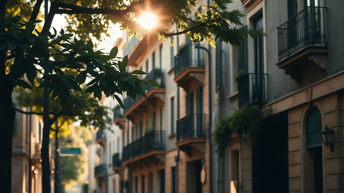Imagen ilustrativa: calle residencial con fachadas de piedra y balcones bajo luz cálida de tarde