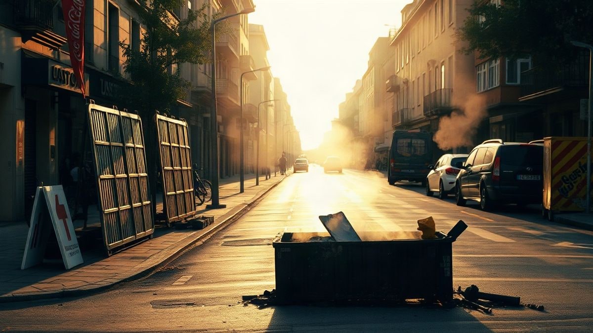 Illustrative image: silhouettes of barricades and burned containers in an urban street at sunset
