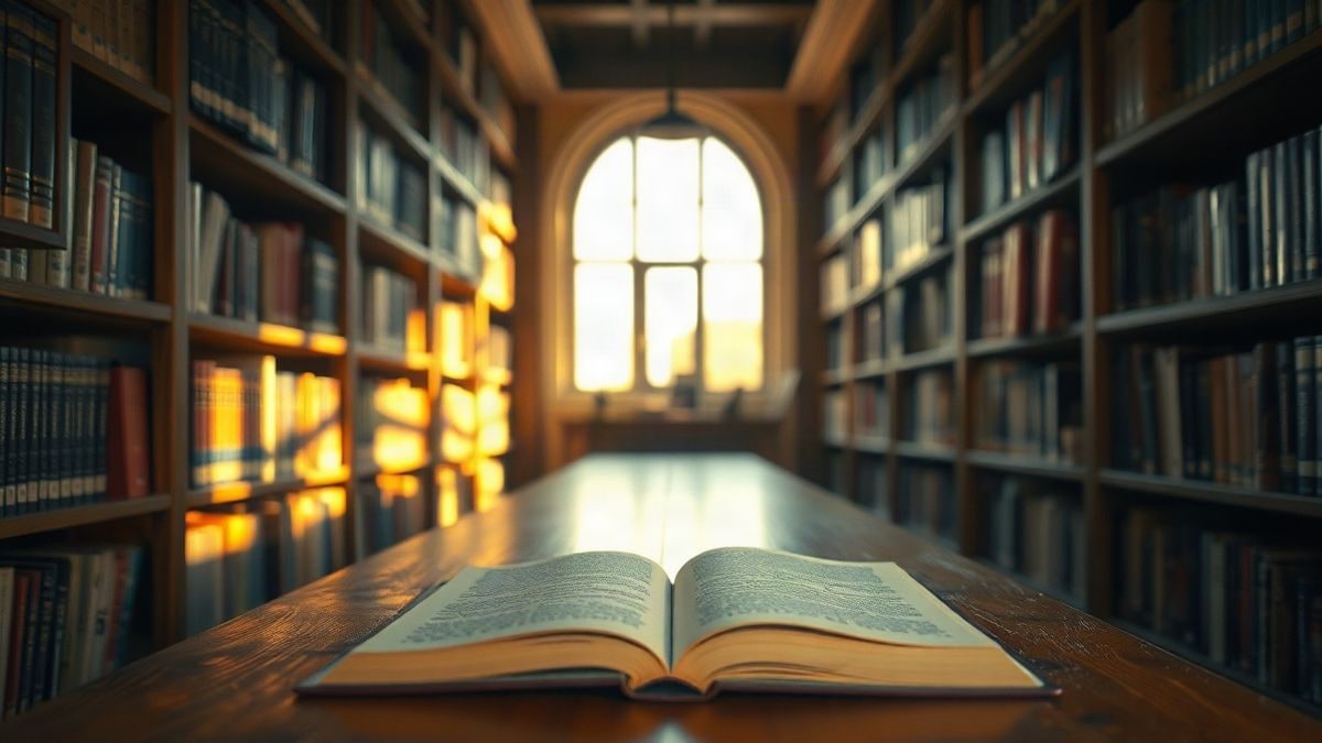 Imagen ilustrativa: estantería de libros antiguos en una sala de lectura con luz natural cálida entrando por la ventana