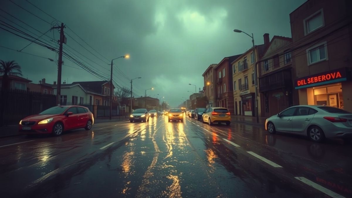 Illustrative image: urban street flooded by torrential rains, with abandoned cars and light reflections under a stormy sky