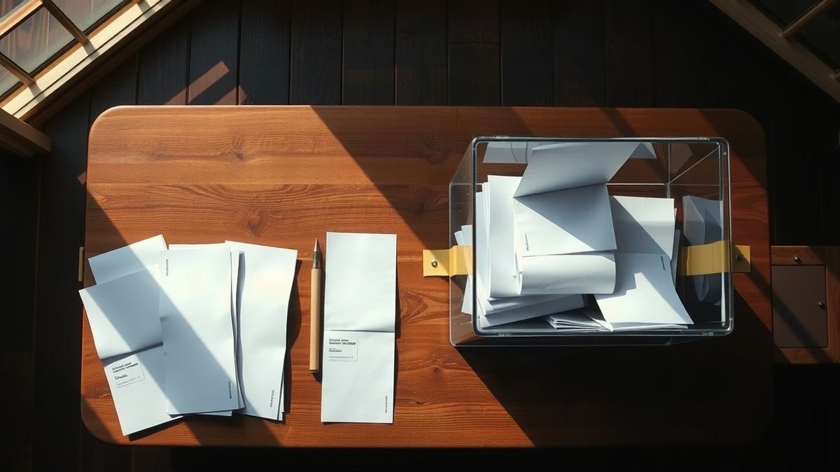 Imagen ilustrativa: vista cenital de una mesa de madera con papeletas dobladas junto a una urna transparente