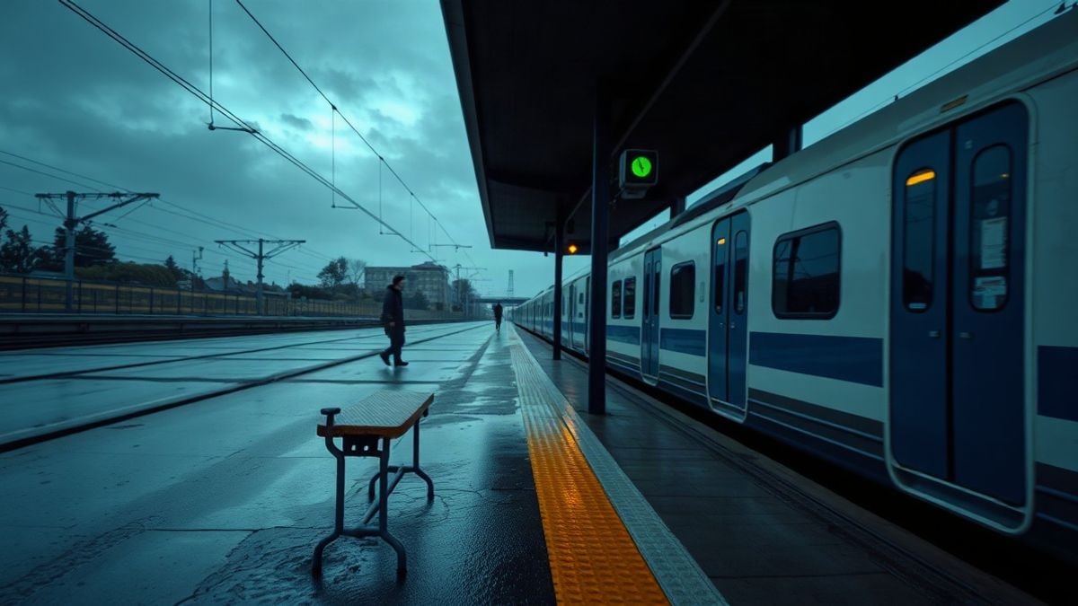 Imagen ilustrativa: andén de tren vacío y mojado al amanecer tras las lluvias