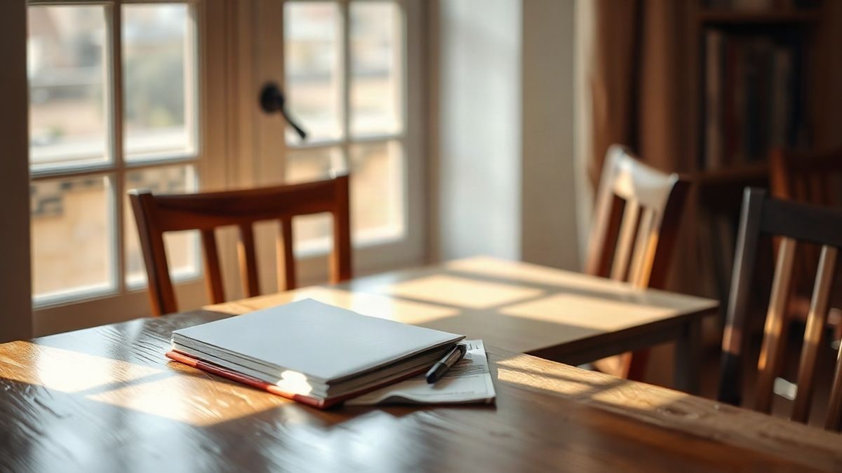 Illustrative image: wooden table by a window with side light, with a notebook and a pen on it