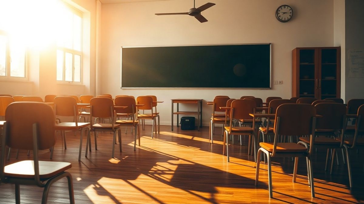 Illustrative image: empty desks and chairs in a classroom lit by sunset light with long shadows