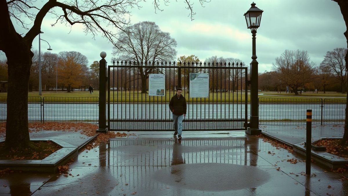 Imagen ilustrativa: entrada de un parque urbano con la puerta cerrada y ramas caídas en el suelo mojado