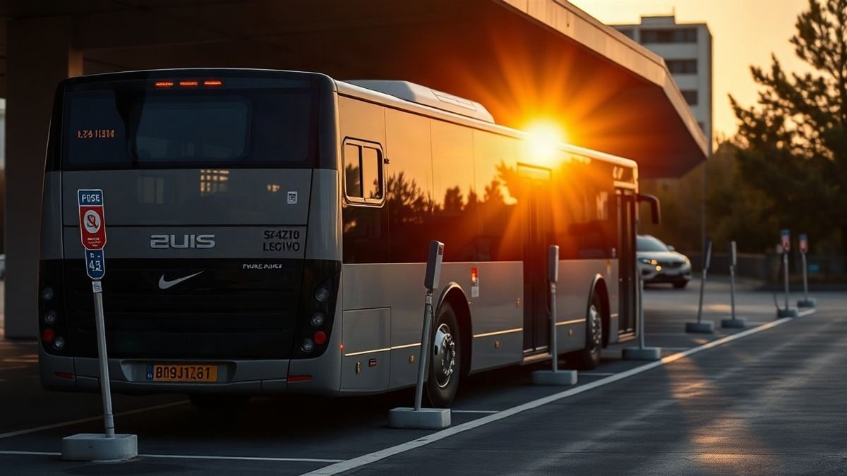 Imagen ilustrativa: autobús moderno en una cochera con puntos de recarga al atardecer