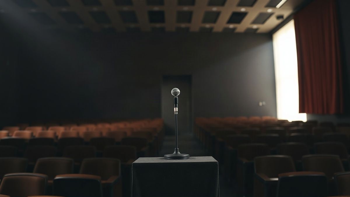 Imagen ilustrativa: micrófono solitario sobre un atril vacío en un auditorio con luz tenue