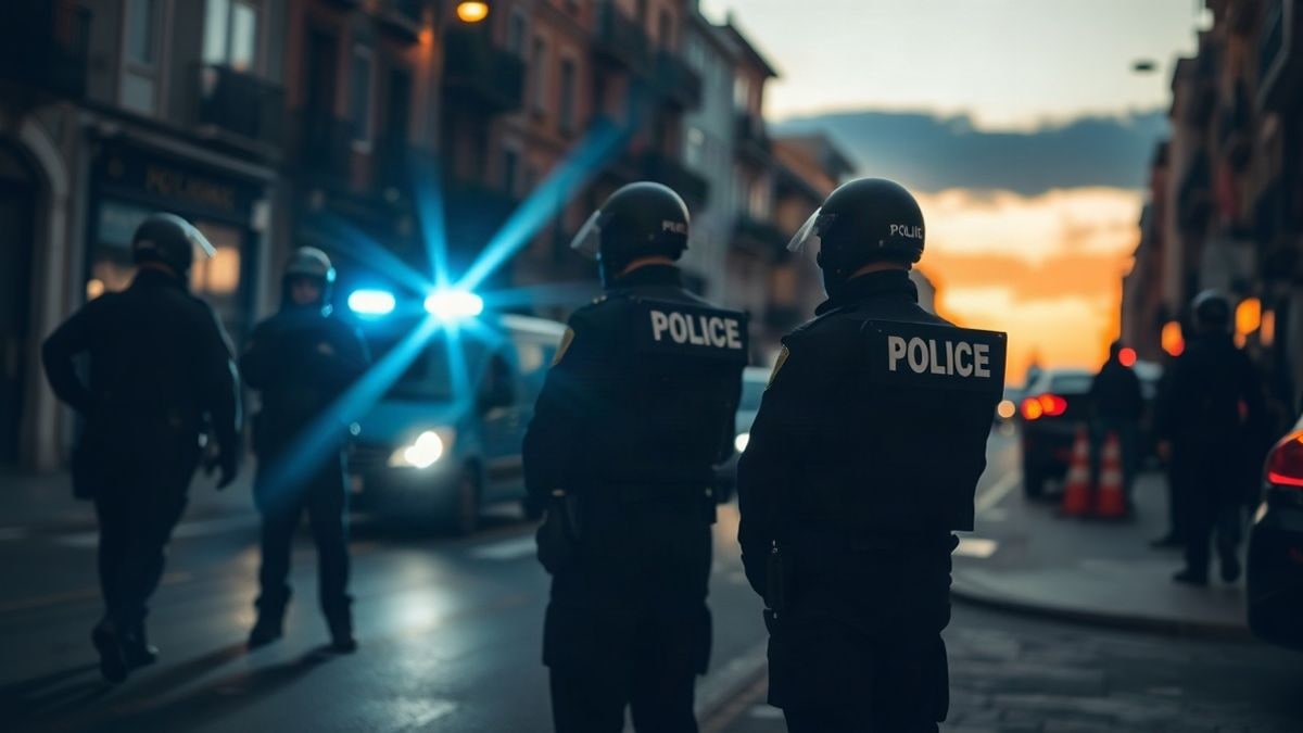 Imagen ilustrativa: cordón policial en una calle urbana al atardecer con siluetas y sombras largas