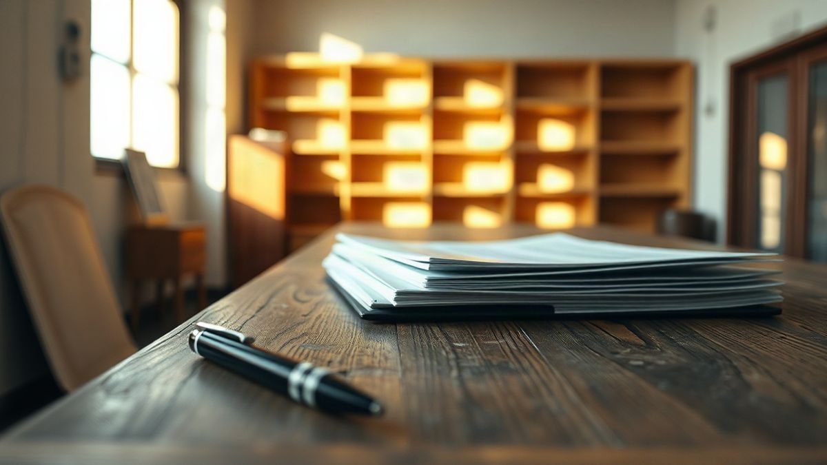 Imagen ilustrativa: un escritorio de madera con documentos oficiales y un bolígrafo bajo luz natural