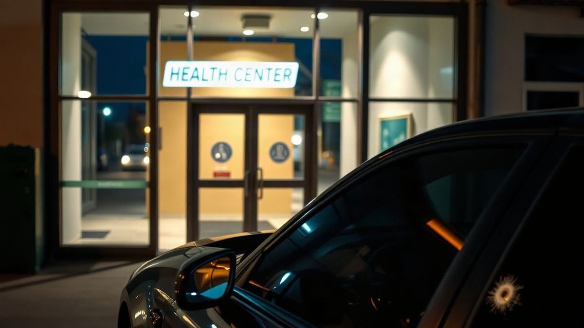 Imagen ilustrativa: entrada de un centro de salud urbano de noche con un coche con impactos de bala