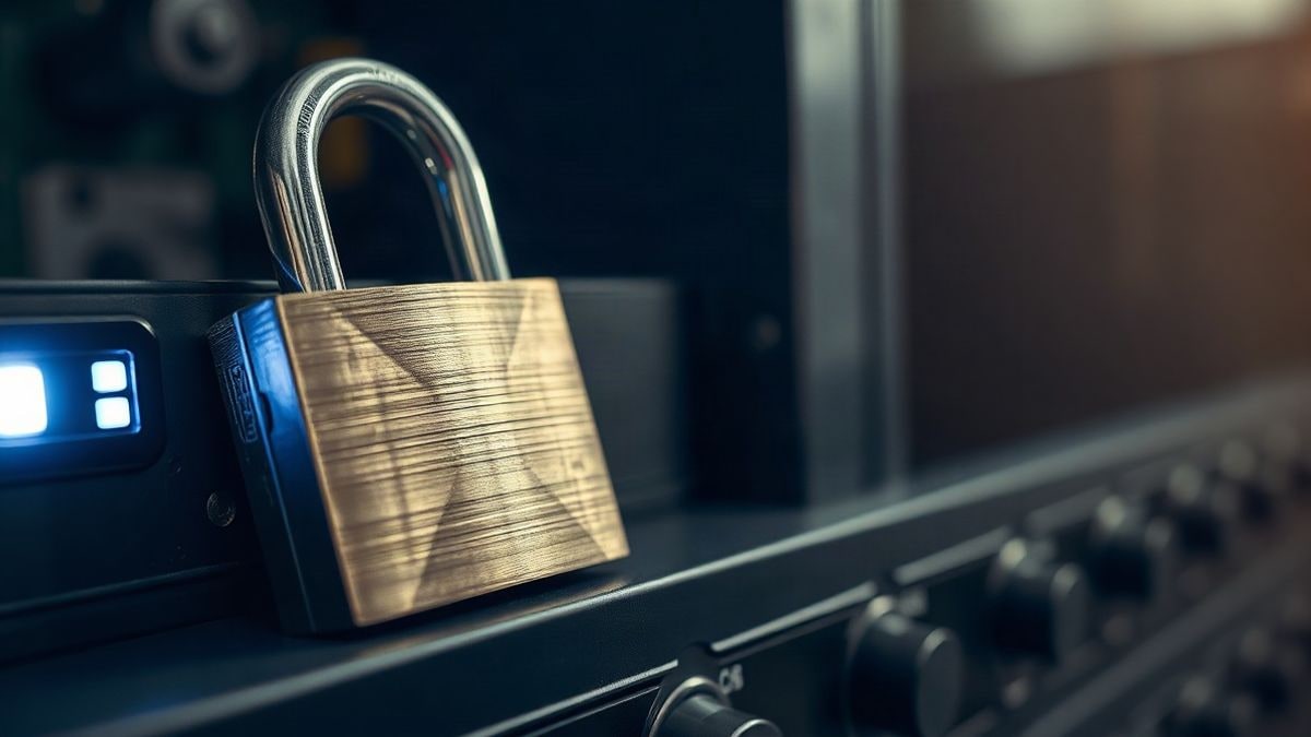 Illustrative image: close-up of a padlock on a server cabinet with a blue light on in the background