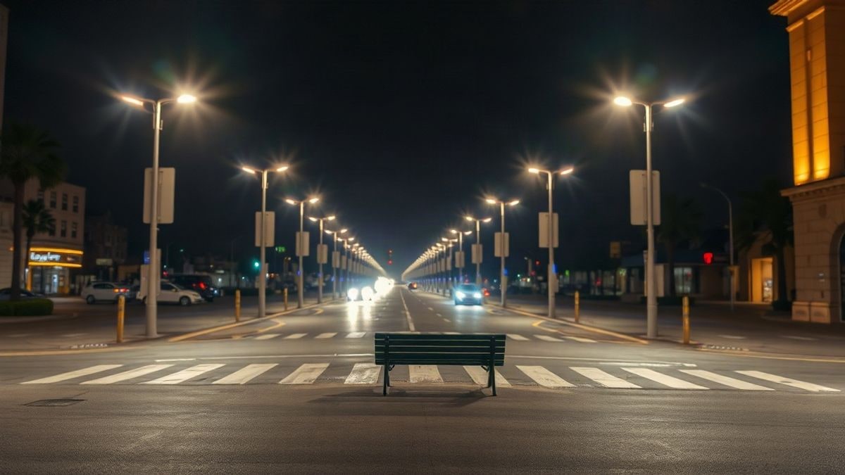 Illustrative image: urban avenue at night illuminated by street lamps and office windows, with an empty bench in the foreground