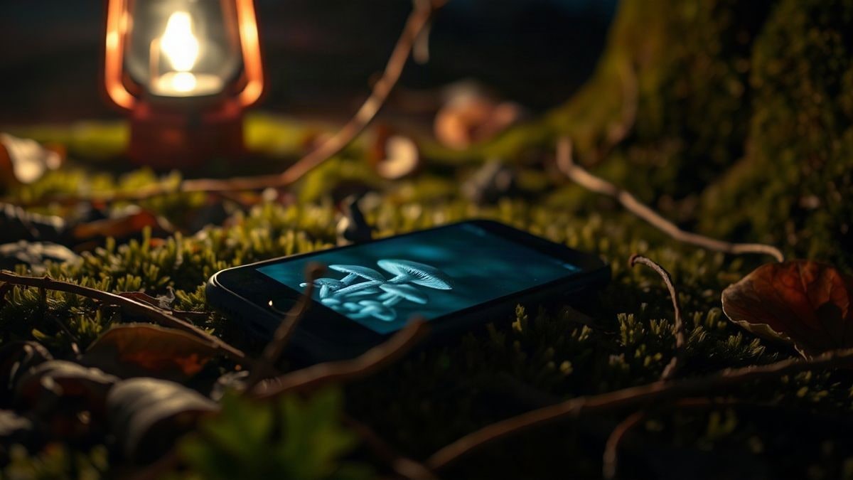 Imagen ilustrativa: un teléfono móvil con la pantalla iluminada sobre el suelo de un bosque nocturno, entre hojarasca y musgo