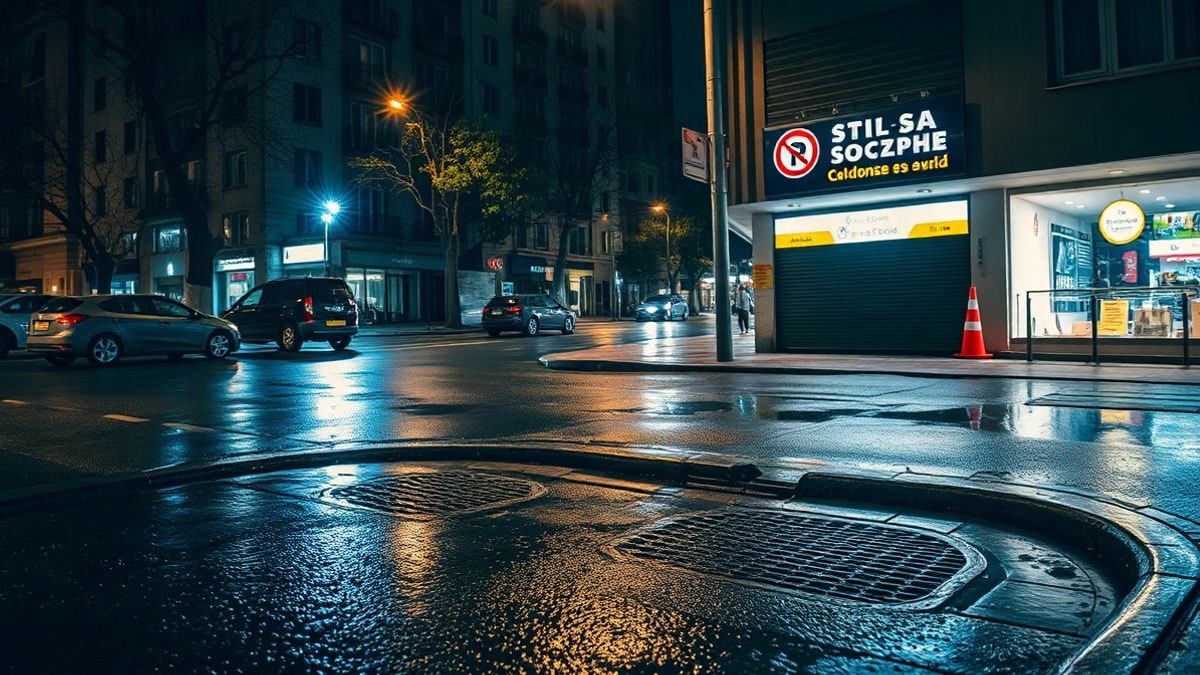Imagen ilustrativa: calle urbana de noche bajo la lluvia con reflejos en el asfalto