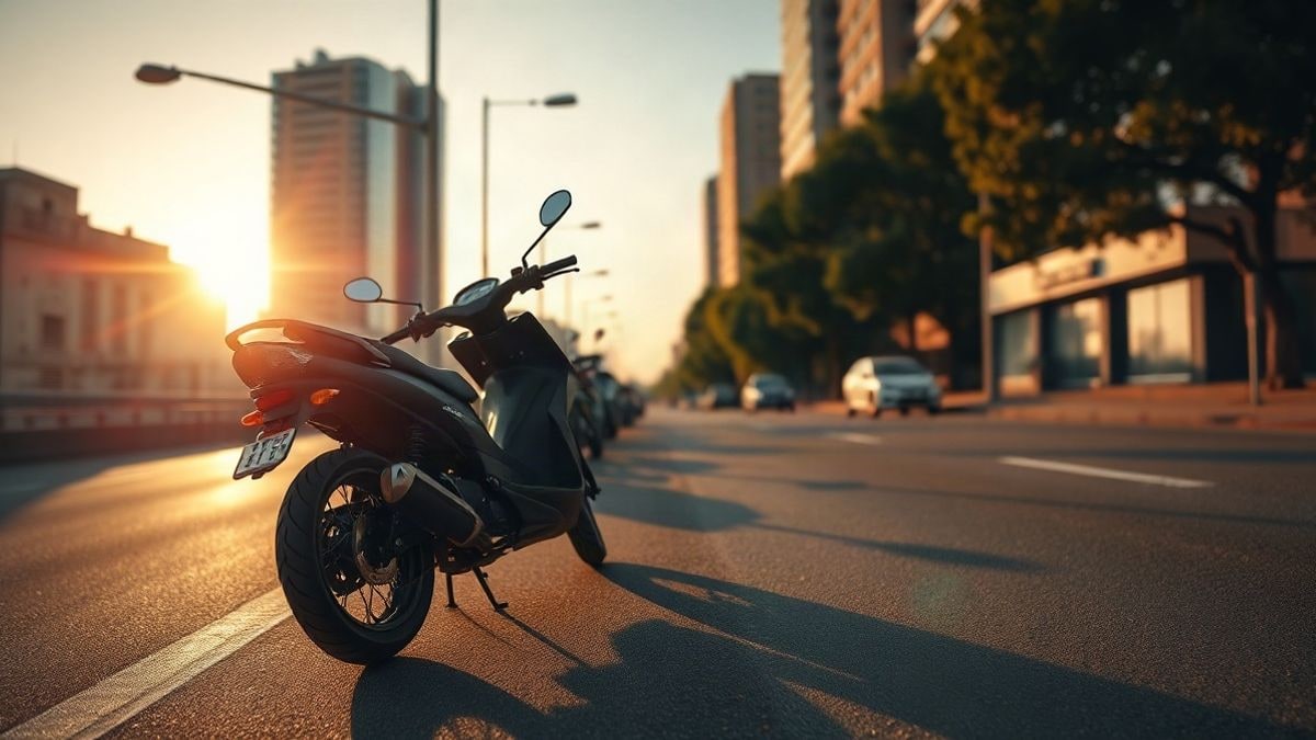 Illustrative image: a row of motorcycles parked on an urban avenue at sunset, with long shadows