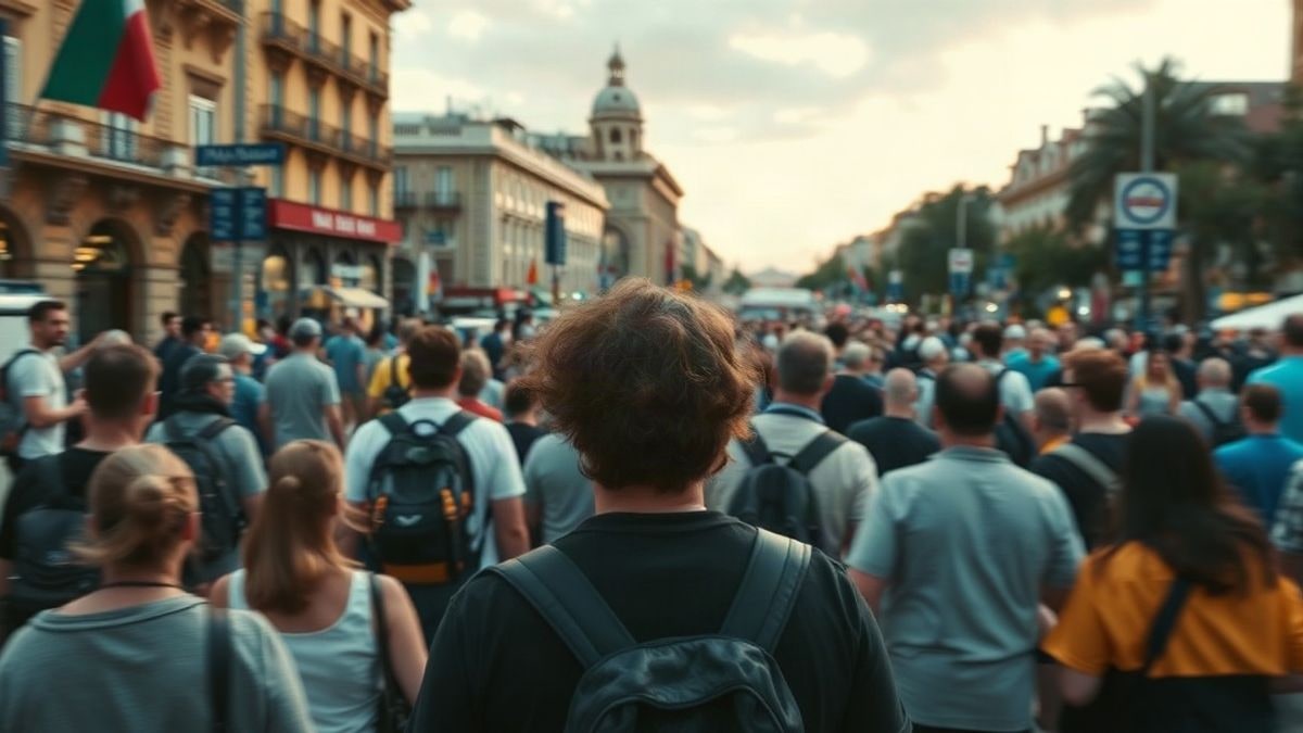 Illustrative image: crowd from behind advancing down a wide avenue at sunset