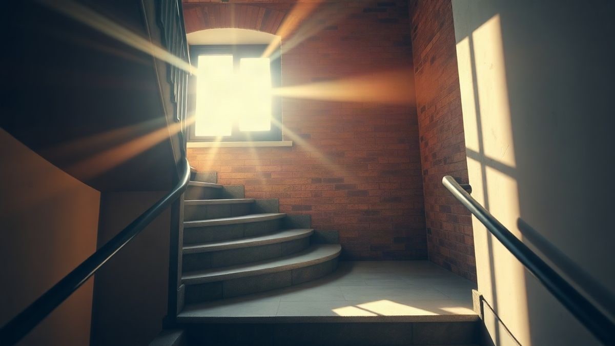 Illustrative image: empty residential building staircase at sunset, with backlight and long shadows