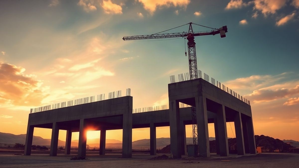 Imagen ilustrativa: estructura de hormigón en obra vista desde el suelo, con una grúa recortada contra el cielo al atardecer