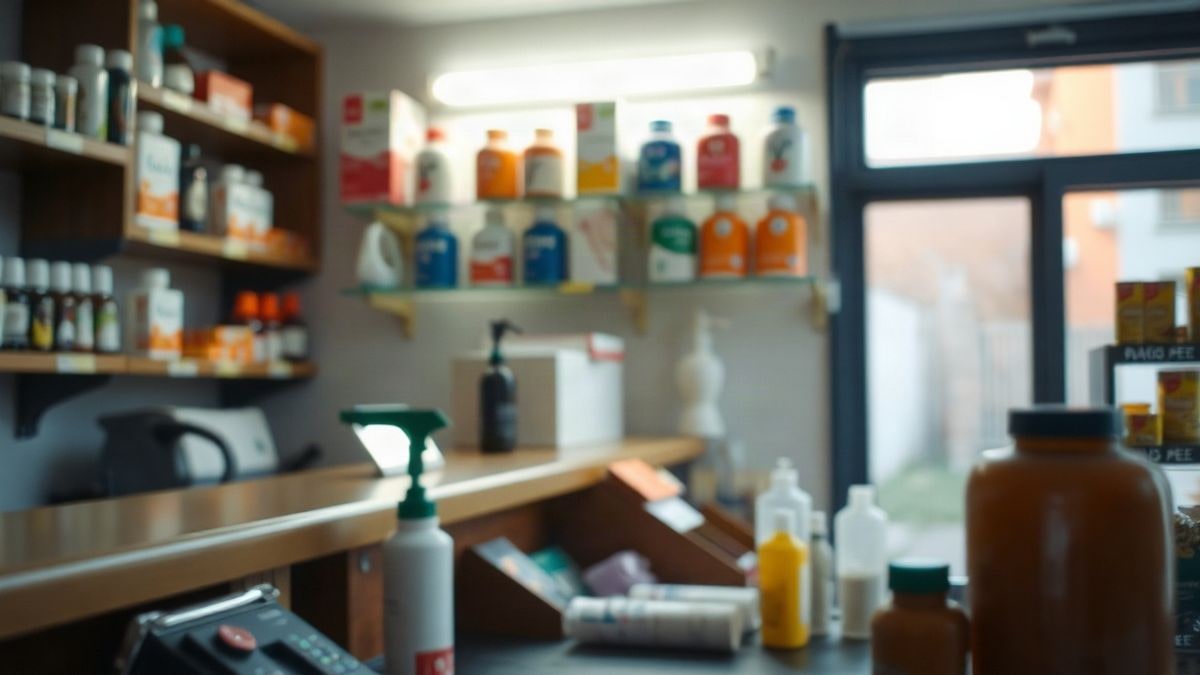 Imagen ilustrativa: interior de una farmacia de barrio con luz lateral y estanterías desenfocadas