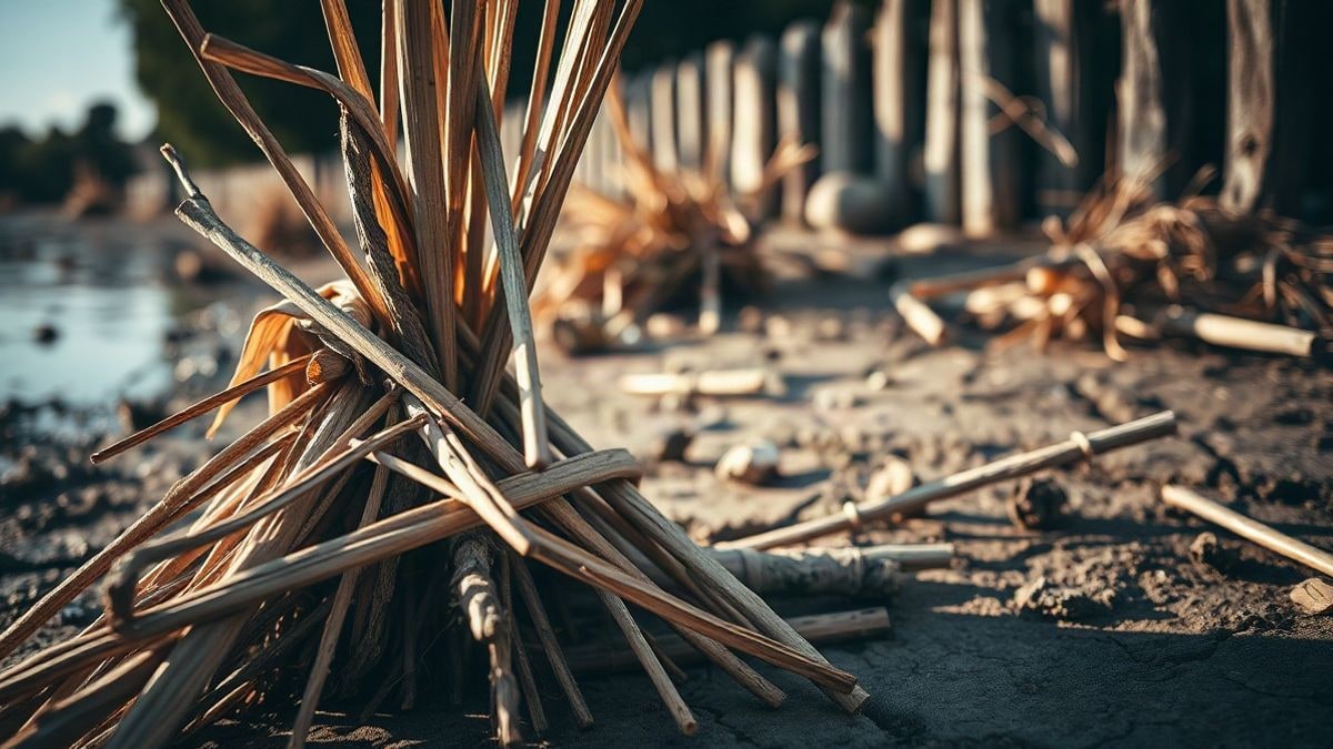 Illustrative image: dry reeds piled on a muddy ravine after a flood, with sunset light