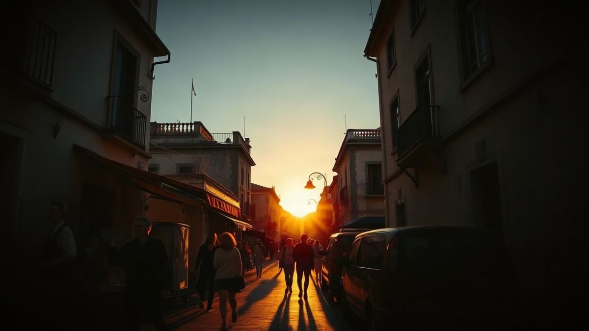 Imagen ilustrativa: calle de un casco antiguo mediterráneo al atardecer con siluetas de turistas