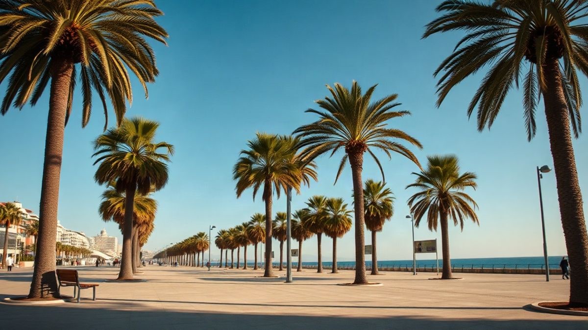 Illustrative image: seafront promenade with palm trees and empty benches facing the sea under a clear sky