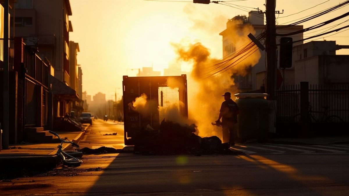 Illustrative image: backlit at sunset with silhouettes and long shadows on a street with burned containers and barricades