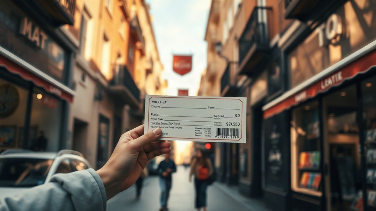Imagen ilustrativa: calle comercial con escaparates y un vale de descuento en primer plano