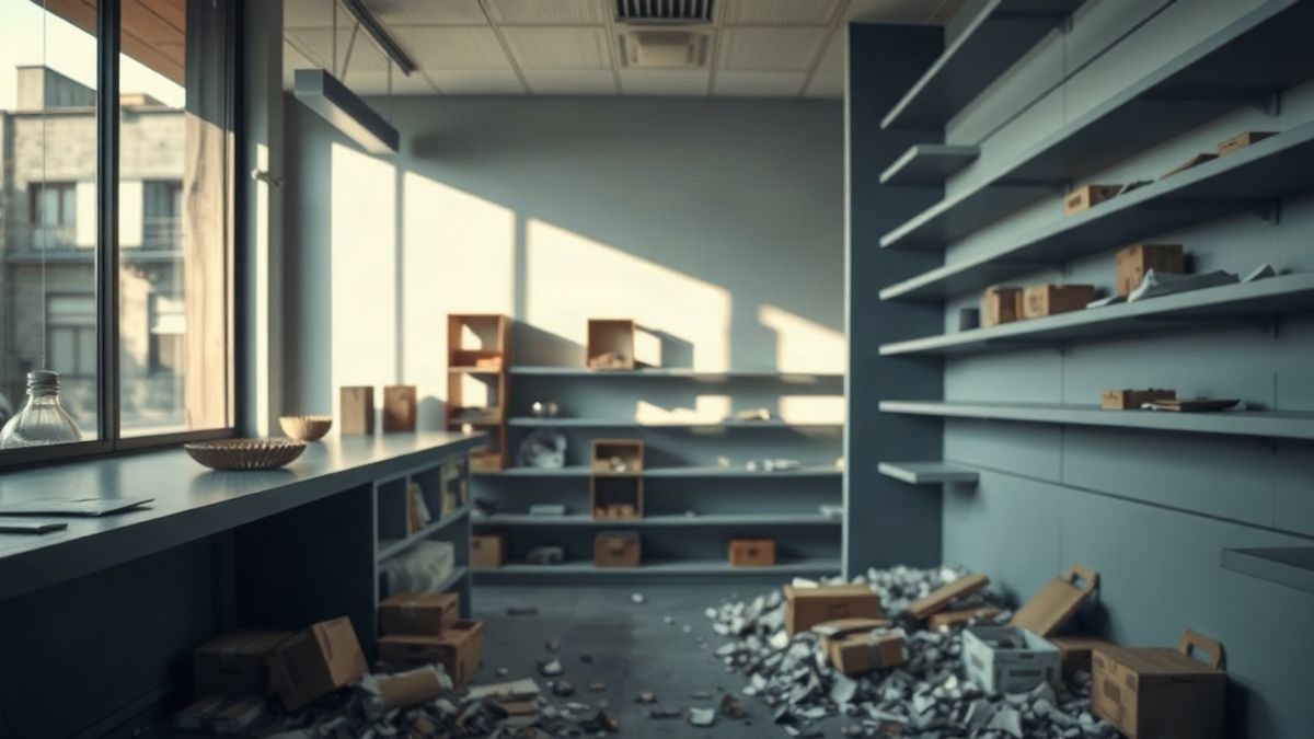 Illustrative image: interior of an empty store with broken shelves, lit by side light from a window