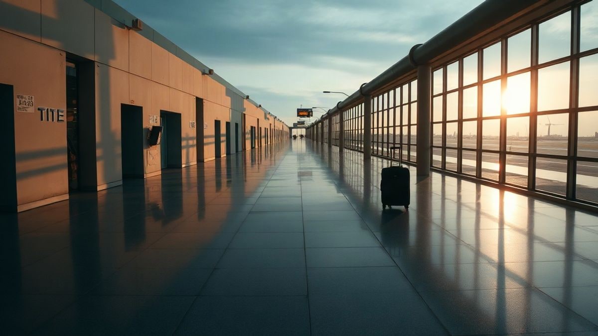 Illustrative image: empty airport terminal corridor at sunset, with an abandoned suitcase next to a window