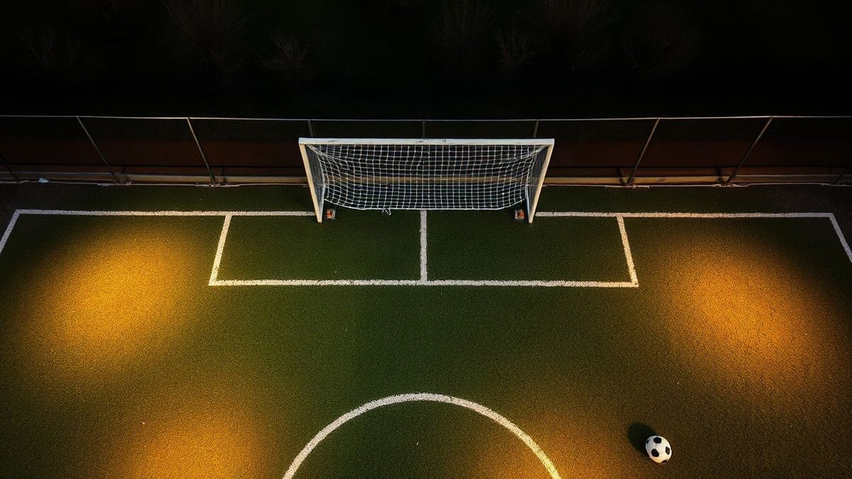 Imagen ilustrativa: vista cenital de un campo de fútbol amateur vacío al atardecer