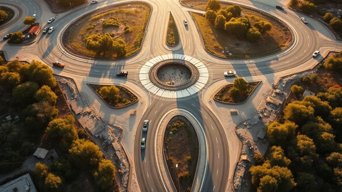 Imagen ilustrativa: vista aérea de una rotonda en construcción con carreteras que confluyen