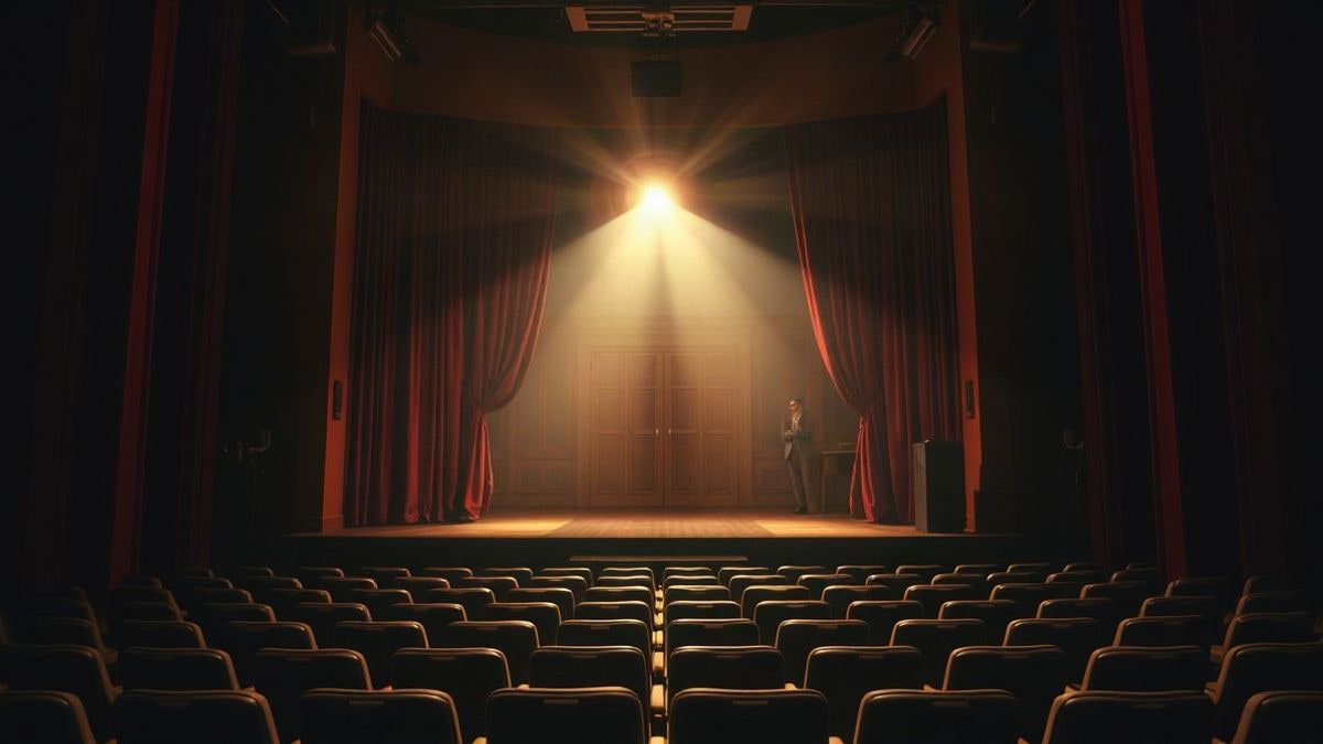 Imagen ilustrativa: escenario de teatro vacío con cortinas rojas y un foco de luz al atardecer