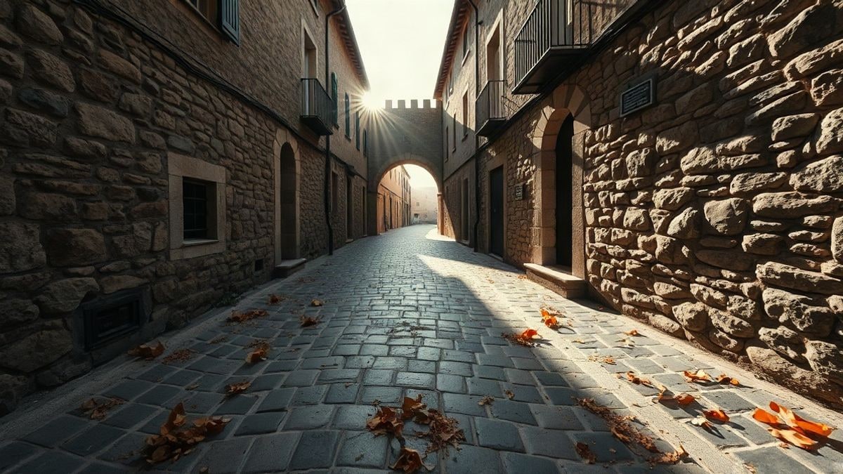 Illustrative image: cobbled street of a medieval stone village in autumn, with dry leaves and sunset light