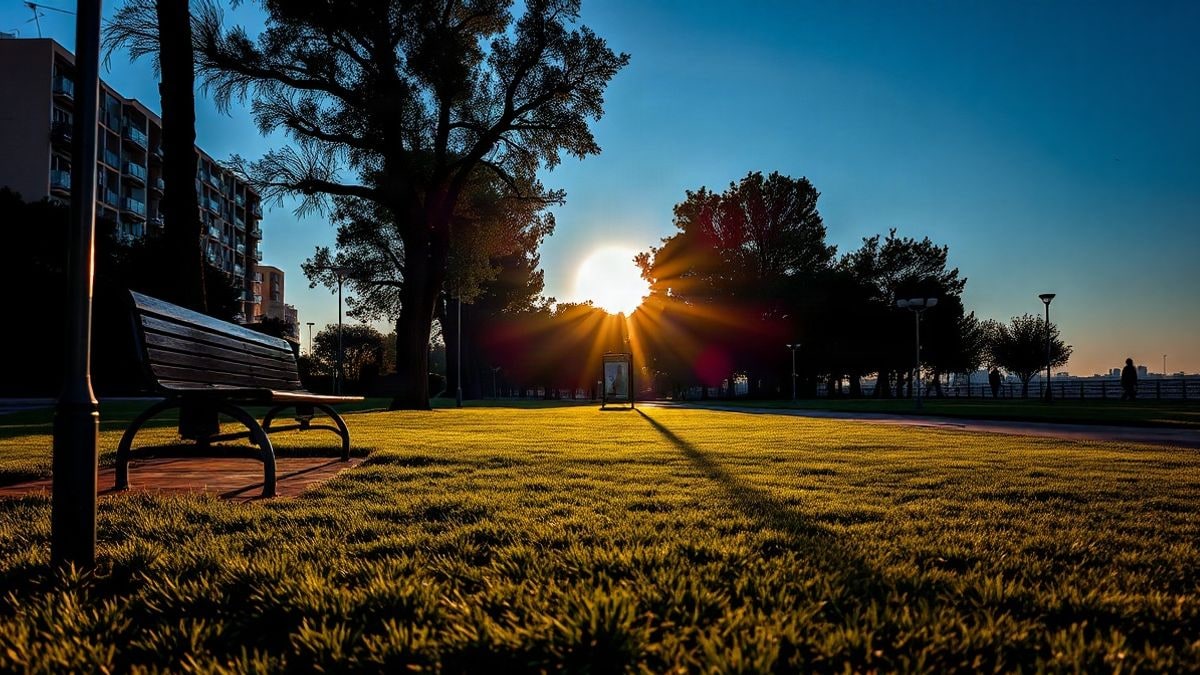 Illustrative image: a bench and streetlights in an urban park at sunset, with long shadows on the grass