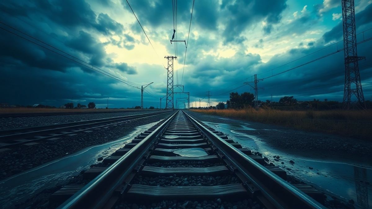 Imagen ilustrativa: vías de tren mojadas por la lluvia que se pierden en el horizonte al atardecer