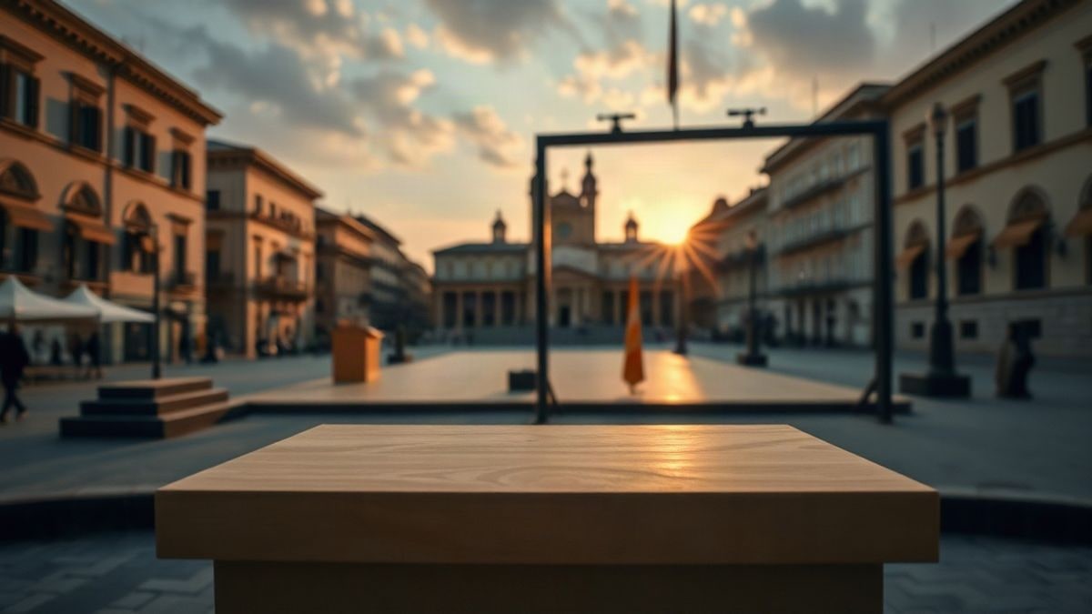 Imagen ilustrativa: un atril vacío en una plaza al atardecer, con una figura lejana y sombras alargadas