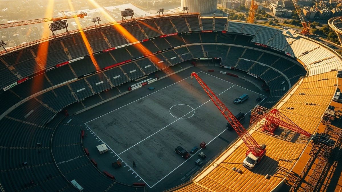 Imagen ilustrativa: vista cenital de un estadio de fútbol en obras con gradas vacías y grúas