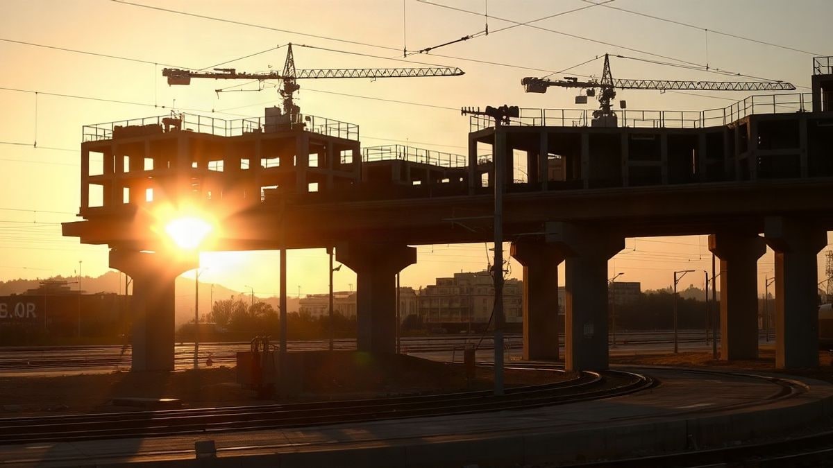 Imagen ilustrativa: silueta de un viaducto en construcción al atardecer sobre vías de tren