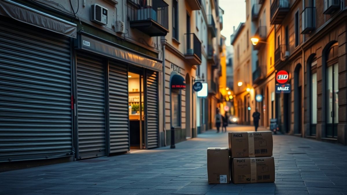 Illustrative image: a shopping street in a Mediterranean city at sunset, with shutters down and cardboard boxes next to a shop