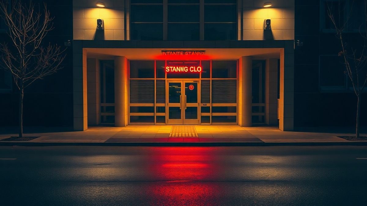 Illustrative image: facade of an institutional building at night, illuminated by streetlights, with no people